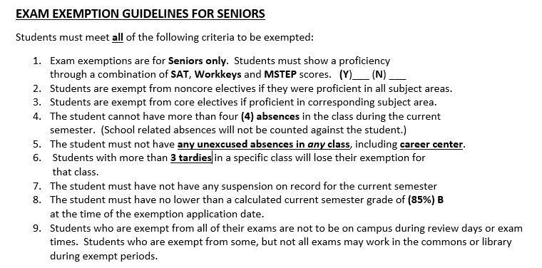 1st Semester Exam Exemption Guidelines